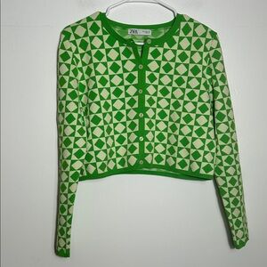 Zara Women's Green and Cream Patterned Cardigan